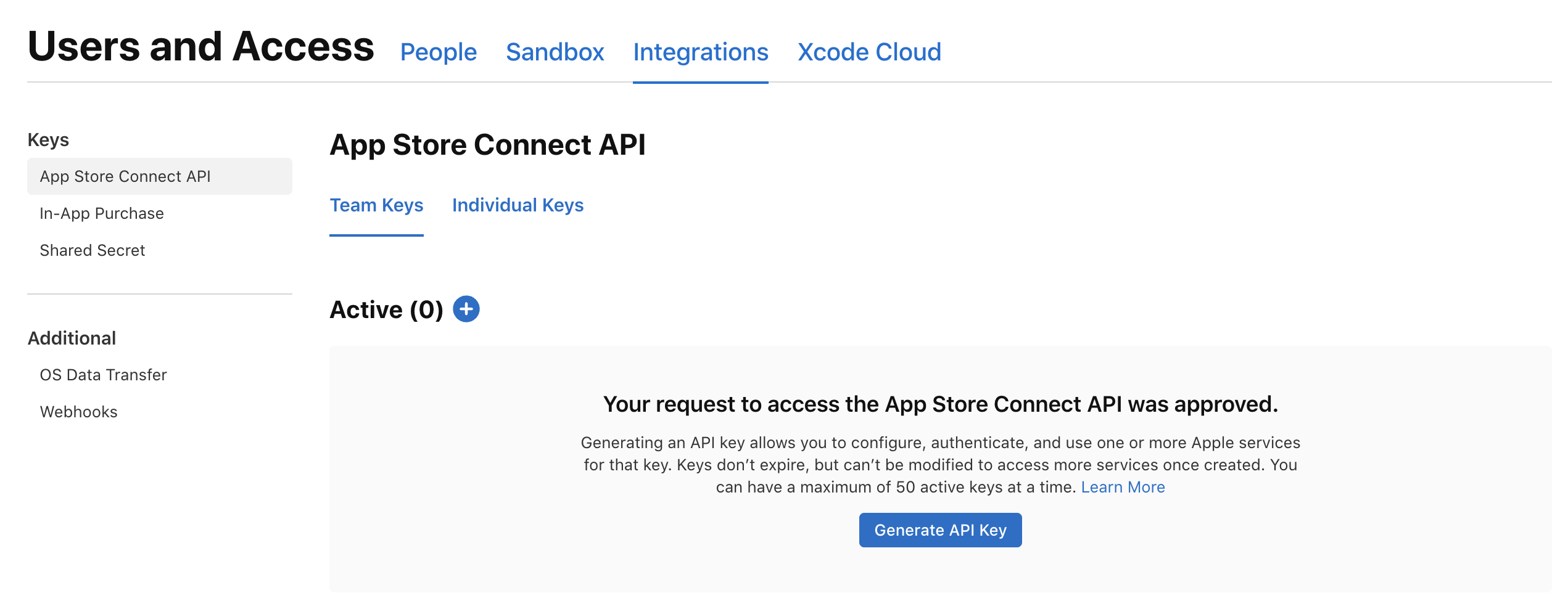 Accès approuvé : le bouton Generate API Key est disponible