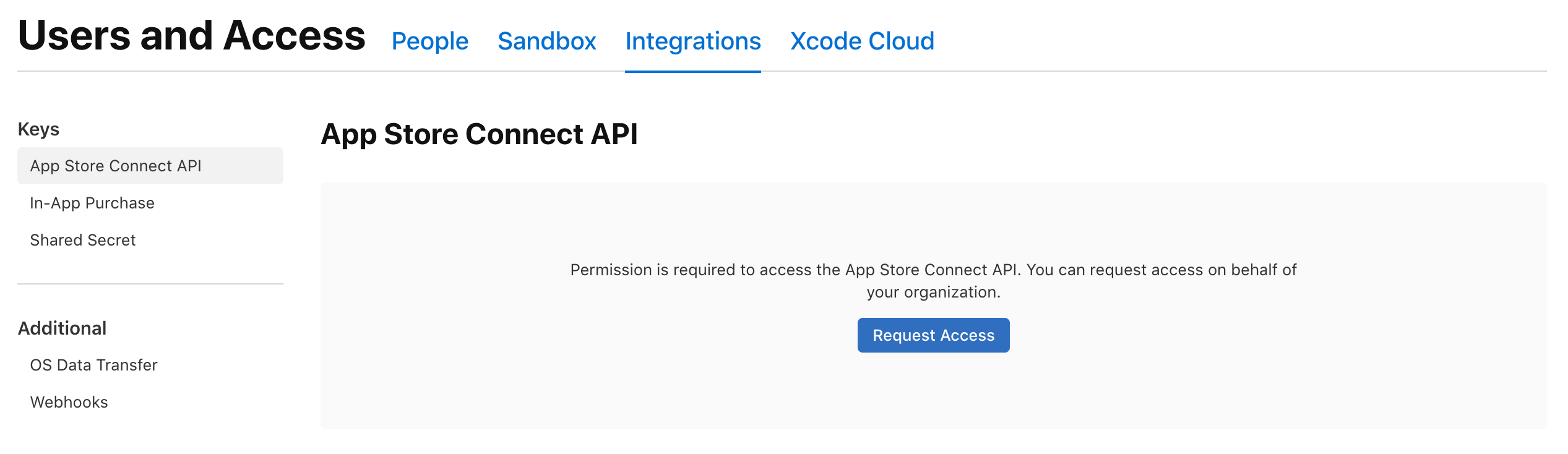Écran « Request Access » de l'App Store Connect API