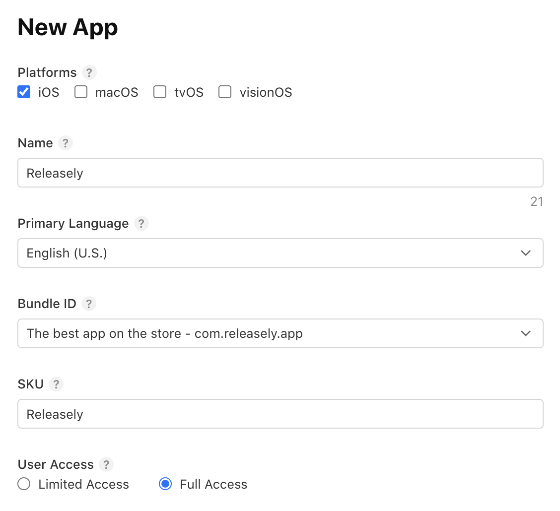Fenêtre New App : plateforme, nom, langue, Bundle ID, SKU et User Access