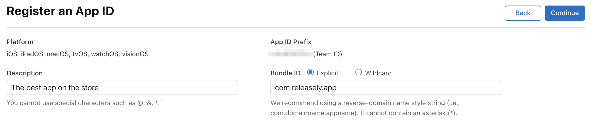 Formulaire d'enregistrement de l'App ID : Description, Explicit et Bundle ID